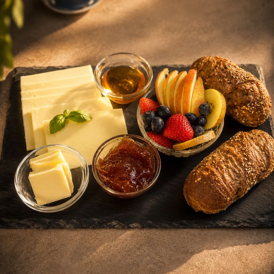 Frühstücksplatte mit Brötchen, Obst, Käse und süßen Begleitern